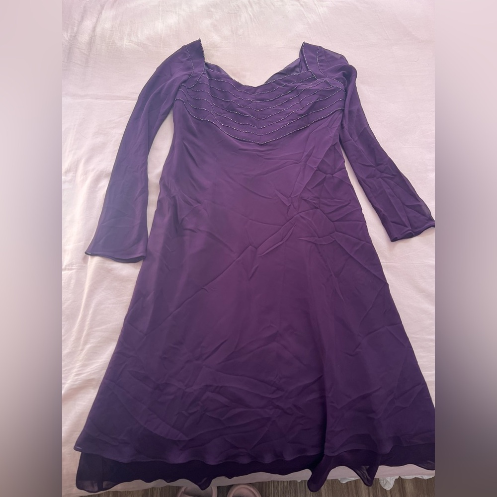 Evan Picone Deep Purple Beaded Long Sleeve Dress